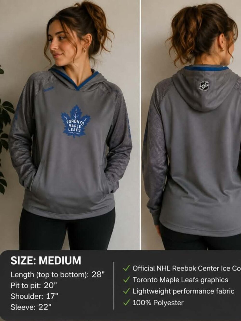 Toronto Maple Leafs Reebok Center Ice NHL Performance Hoodie Grey Blue